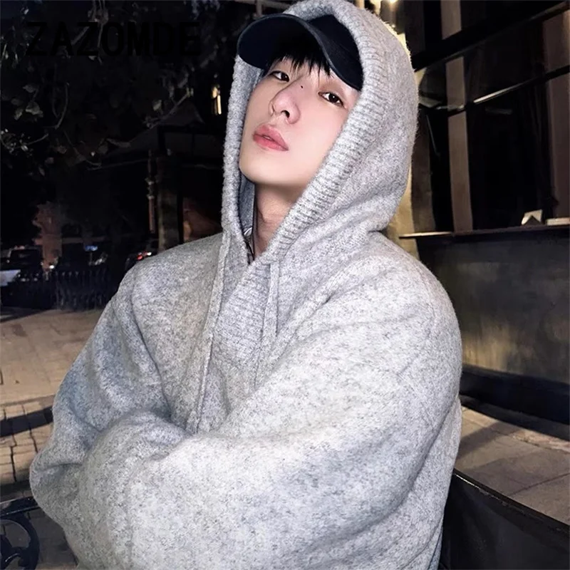 ZAZOMDE ฤดูหนาว Vintage Chic Hoody เสื้อกันหนาวผู้ชายถัก Top Hooded หลวม Casual Pullover เสื้อกันหนาวขนาดใหญ่เสื้อถักเสื้อผ้า