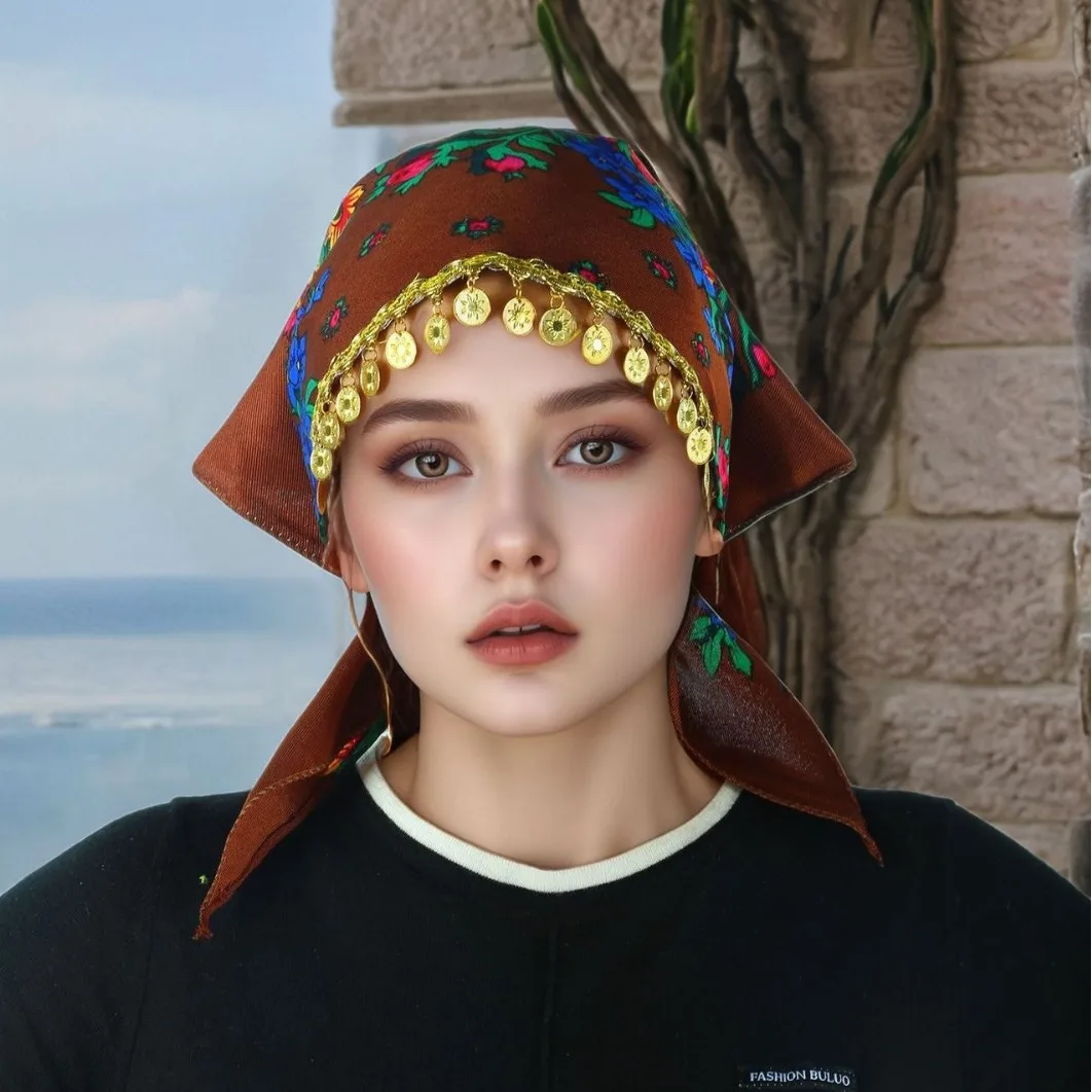 Nuevo Pañuelo triangular árabe de alta sensación con diseño de lentejuelas doradas con estampado de peonías de estilo étnico para mujer