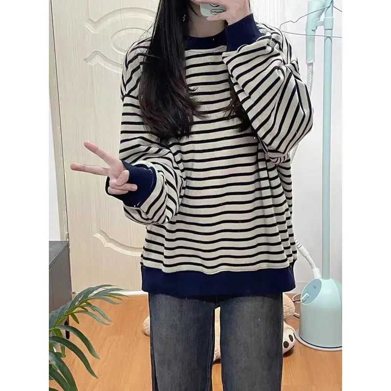 Retro Hong Kong Style Striped round Neck Sweatshirt Women's Spring Autumn Thin Loose Casual Long Sleeve Top Coat