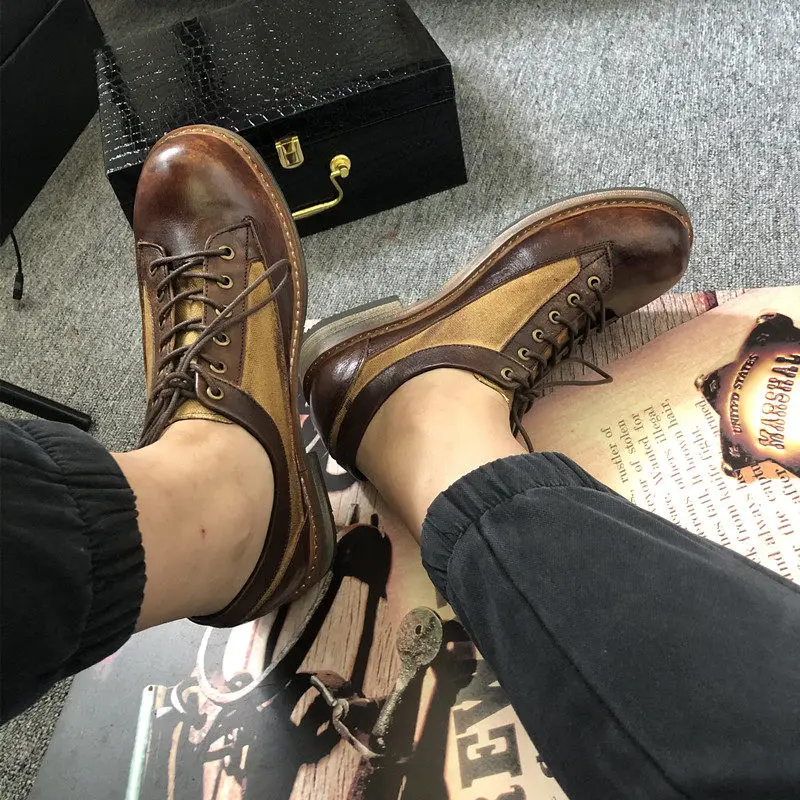 Big Size American Retro Hand-stitched Genuine Leather Men Shoes Amekaji Style Low-top British Work Shoes