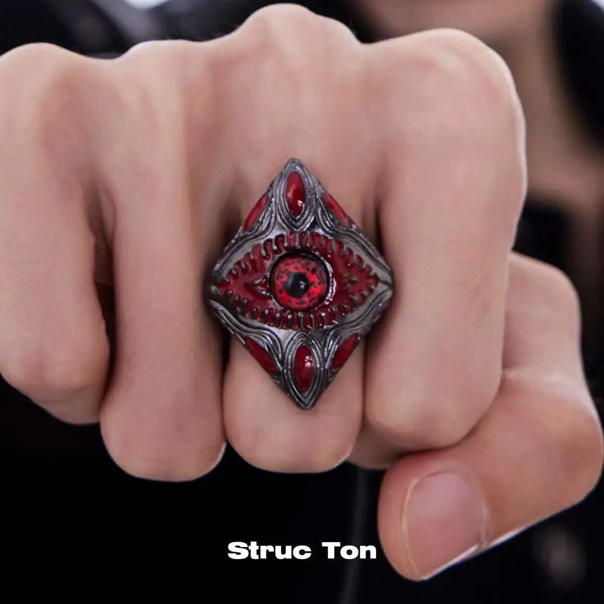 New Men's Red Devil Eye Ring Ruby Evil Teeth Big Black Parasite Charm Gothic Vintage Punk Jewelry For Cosplay Party