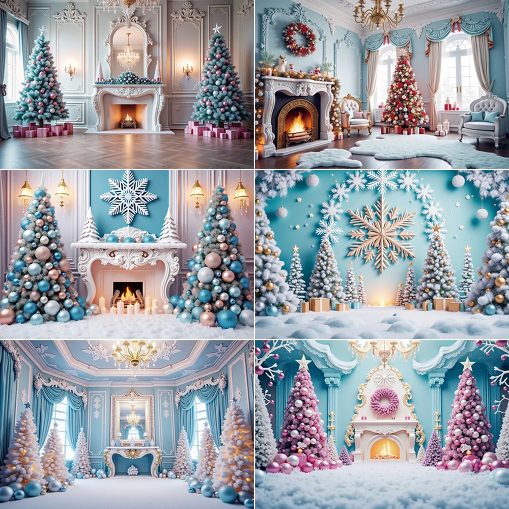 

MOON.QG Snowy Christmas Backdrop Photography Xmas Trees Fireplace Snowflake Photozone Background Children Studio Photocall Props