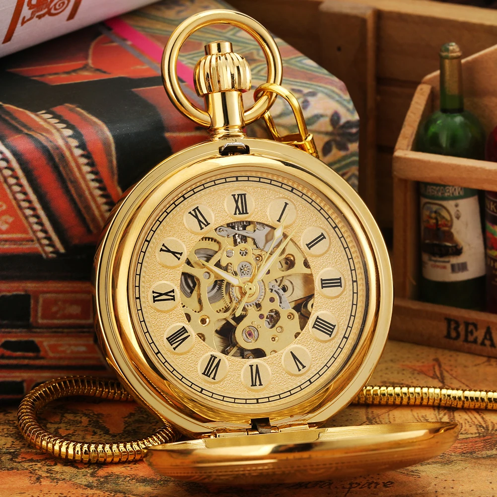 Golden Copper Mechanical Self-Wind Men's Pocket Watch Antique Gift  Roman Numerals Dial Fob Chain Automatic Pendant Timepiece