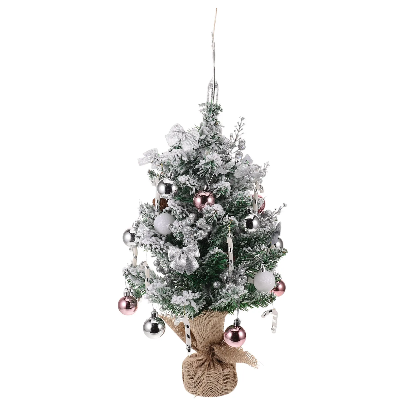 

Mini Tabletop Christmas Tree Flocked White Decorative Small Pinecone Ball Bow Ornament for Desk Shelf Mantel Holiday Display