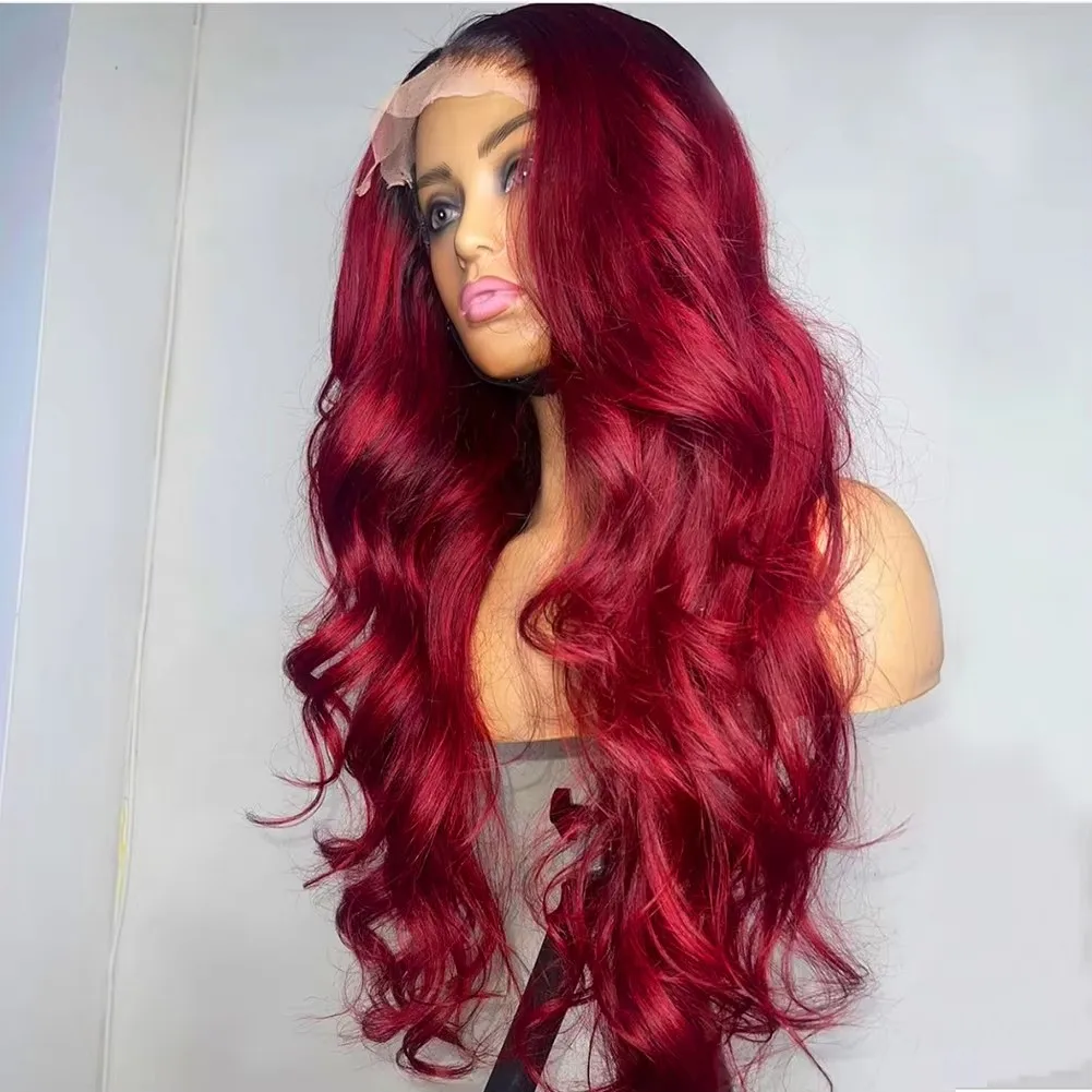 Mxwigs Glueless Synthetisch Haar Ombre Rood Body Wave Lace Front Pruik Voor Zwarte Vrouwen Hoge Temperatuur Fiber Cosplay