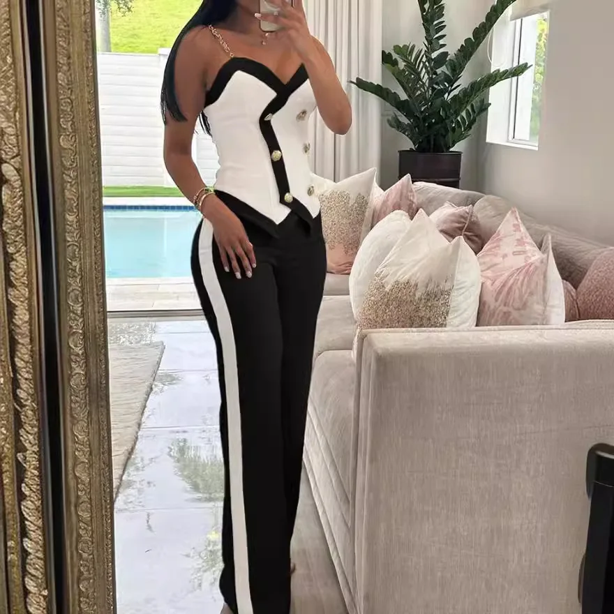 Women Side Striped Work Suit Set Contrast Paneled Skinny V-Neck Double Breasted Chain Strap Cami Top And Straight Leg Pants Set