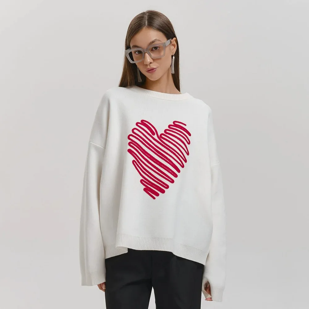 

Модный свитер с круглым вырезом и вышивкой Love, осенне-зимний женский простой мягкий теплый повседневный пуловер для дома и офиса, свитер