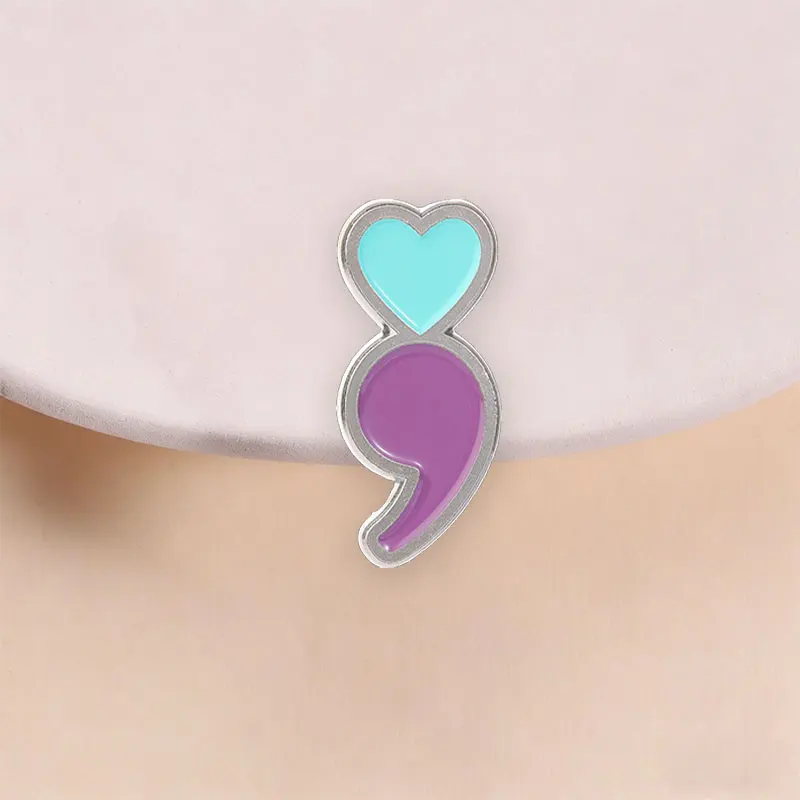 Semicolon Heart Enamel Pin Mental Health Awareness Brooch for Suicide Prevention Support and Daily Wear Gift