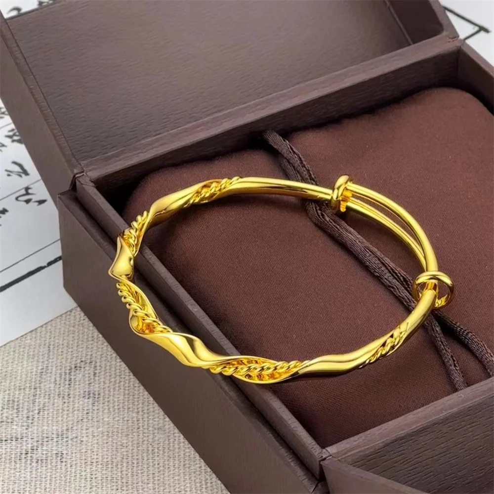 OUYADI 14K Gold Plated Stainless Steel Slider Adjustable Twisted Rope Weave Bracelet, Glossy Fashion Women Jewelry Gift