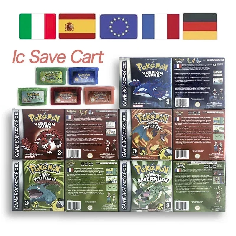 EUR ESP NOE FRA ITA IC-Sparwagen Pokemon Emerald Ruby Leafgreen Sapphire Firered Metallic Holographic Box Spielkassette für GBA