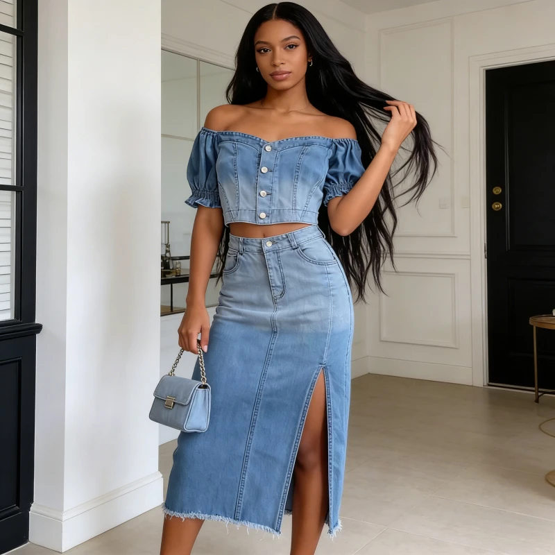 Denim Skirt Suit Women 2 Piece Sets Summer Top Split Skirts Square Collar Single Breasted Vintage Washed Outfits Office Lady
