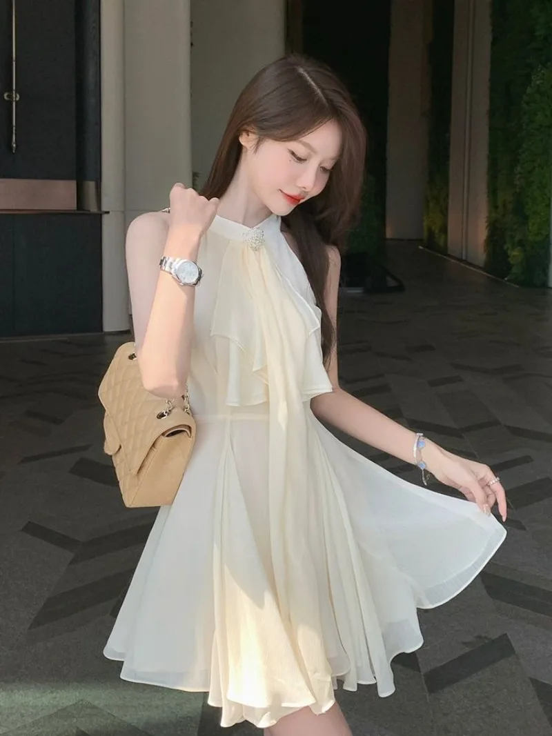 French Celebrity Irregular Chiffon Hanging Neck Dress Women Ruffled Edges Patchwork Ribbon Sleeveless Solid Summer Princess Wear