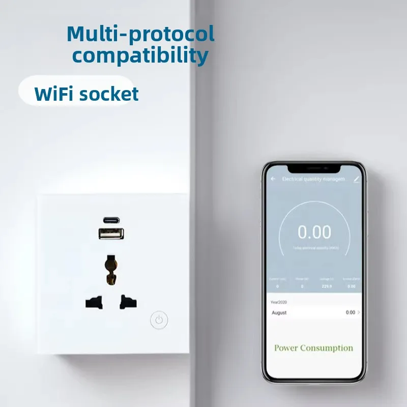 Tuya Smart WiFi EU Wall Socket 5 Outlet Type-C USB Fast Charger Timer Voice Control Glass Panel Alexa Google Home