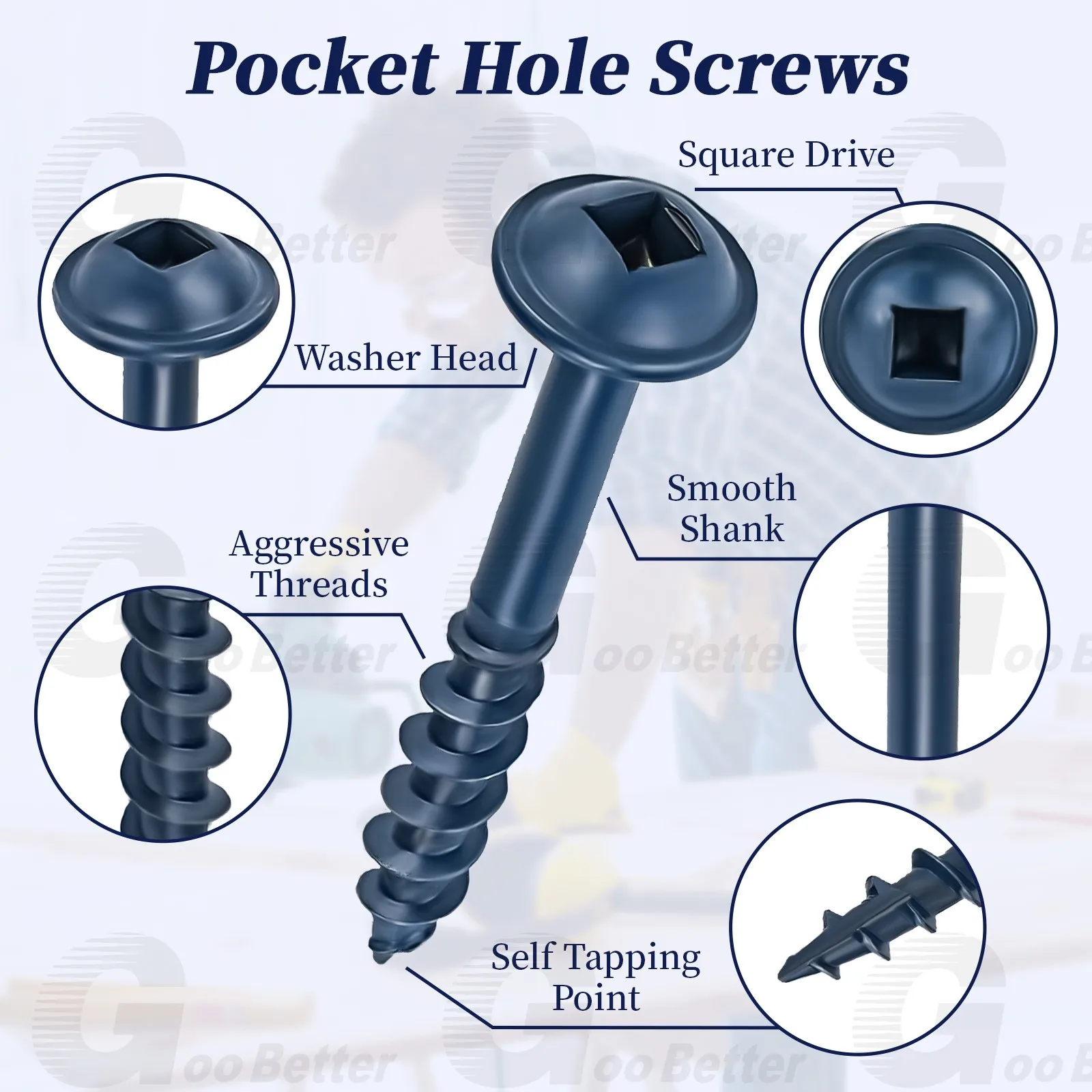 50-200Pcs Blue Square Drive Flat Head Wood Screws, Rustproof Countersunk Screws for Furniture Woodworking DIY