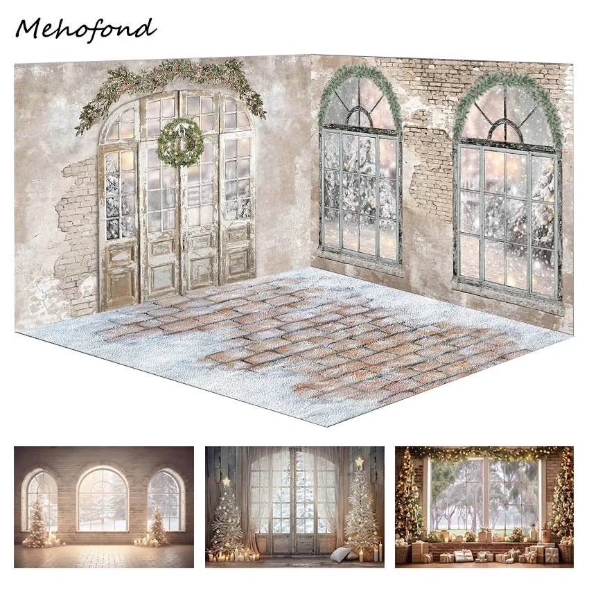 

Mehofond Christmas Photography Background Old Cement Brick Wall Decor Wooden Door Wreath Child Birthday Backdrop Photo Studio