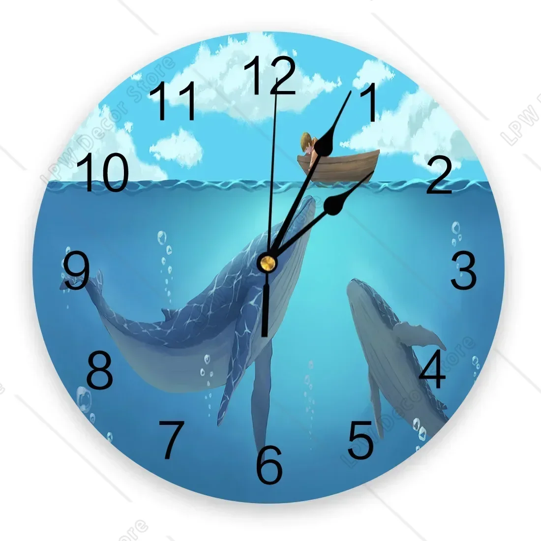 People And Animals Whale Boat Silent Decorative Wall Clock Digital Clock Operated Round Home Office School Clocks