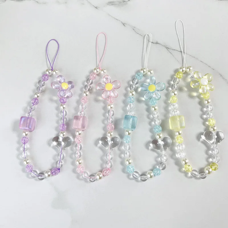 

Fresh Flower Square Heart Acrylic Beaded Phone Lanyard Short Anti-Lost Strap Creative Couple Bag Pendant