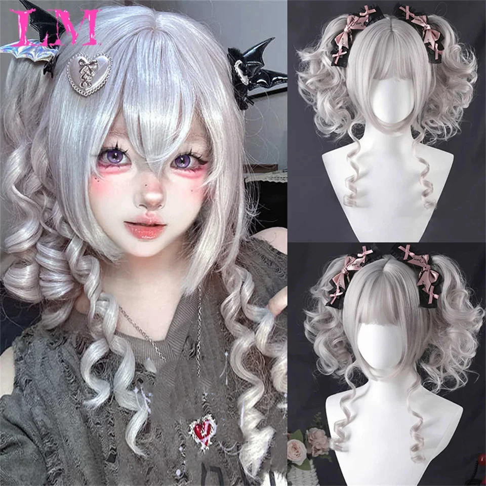 

LM Synthetic Grey Wavy Bob Wigs with Bangs Short Blonde Ombre Synthetic Wig With with Dark Roots Natural Hair for Daily Use