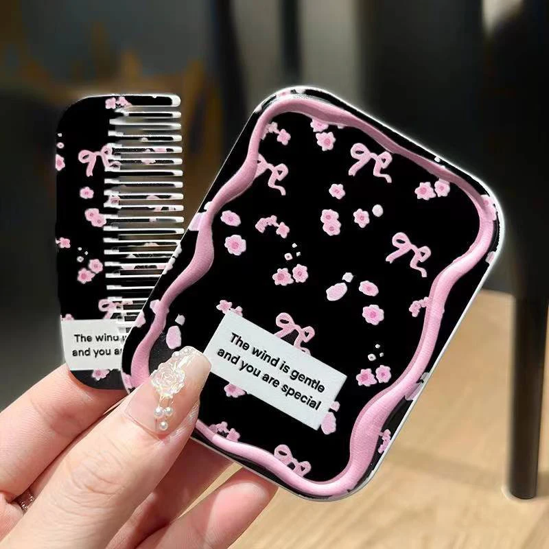 1Set Portable Pocket Mirror Pink Bow Florals Flip-Top Folding Makeup Mirror Women Rectangle Cosmetic Make Up Mirror With Comb