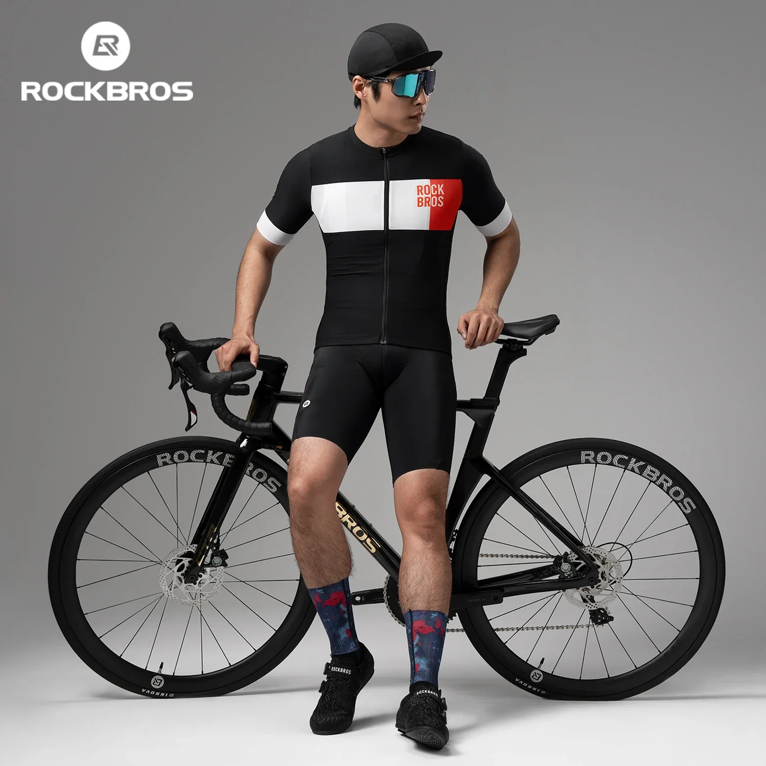 ROCKBROS Short Sleeve Cycling Jersey High Elasticity Lightweight Breathable Sports Jersey Slim-Fit Color-Block Cycling Clothing