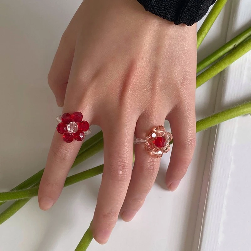 Anillo de cuentas de cristal con diseño de cuentas de arroz, banda elástica tejida con flores, joyería bohemia Vintage hecha a mano para mujer