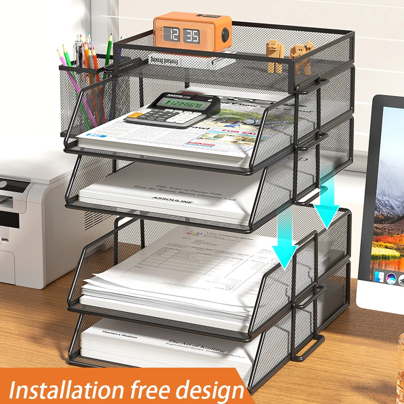 4-Tier Desk Organizer Stackable Tray Office Desk Organizer File and Desktop Holder for Paper Letter Accessories Black