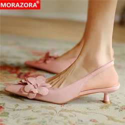 MORAZORA 2024 New Genuine Leather Women Sandals Pointed Toe Mid Heels Flowers Summer Ladies Party Wedding Shoes Pink Silver