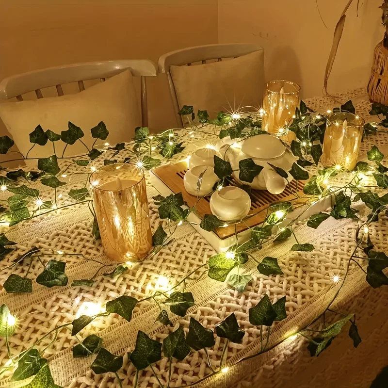 Artificial Ivy Vine LED String Lights Green Leaf Garland Fairy Light Wall Balcony Home Outdoor Decor Lamp