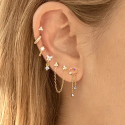 New Korean Cubic Zirconia Butterfly Link Chain Hoop Earrings Women Gold Color Helix Tragus Flower Cloud Earring Piercing Jewelry