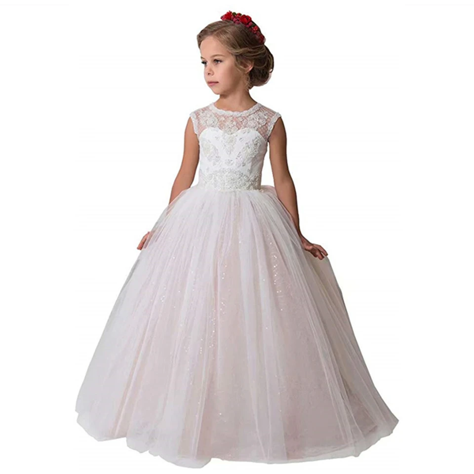 HYGLJL Pink Pageant Dress For Girls Lace Tulle Flower Girl Dresses With Buttons Cute Puffy Sleeveless Prom Party Ball Gown