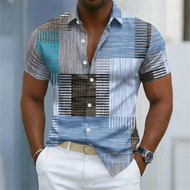Men's Short-Sleeved Shirt, Summer Thin Style, Men's Collared Shirt, Retro Plaid Color-Block Print, Casual Loose Vacation Shirt