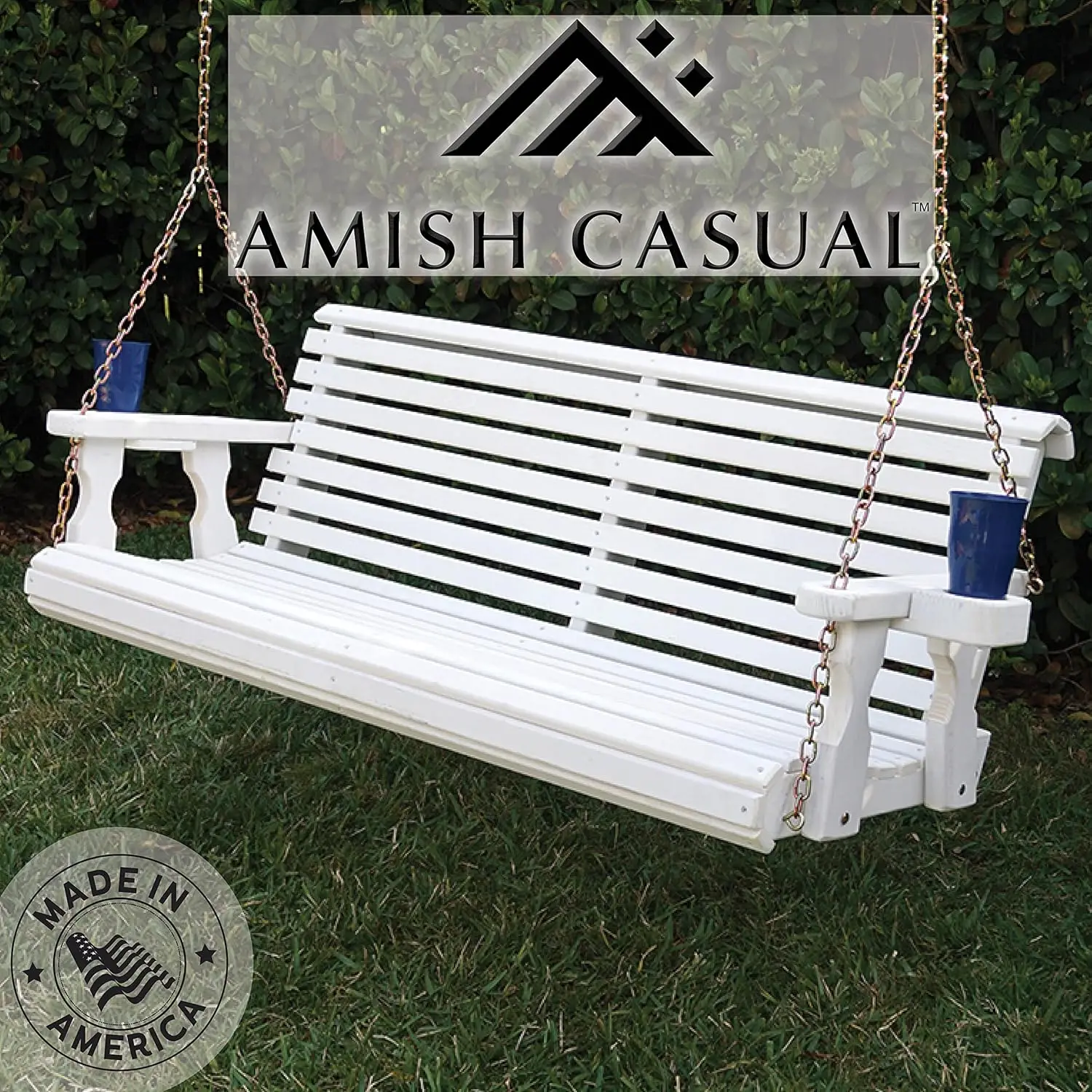 Amish Casual 4 Foot Roll Back Porch Swing With Cup Holders In Semi-Solid White Stain - Amish Made In The Usa From Treated Pine