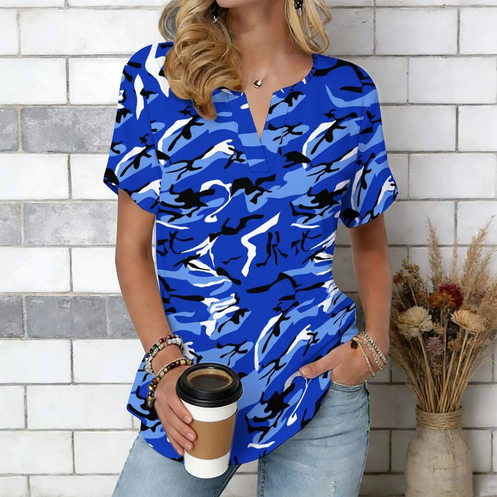 Women Print Notched V Neck Short Sleeve Casual Loose Tunic Tops