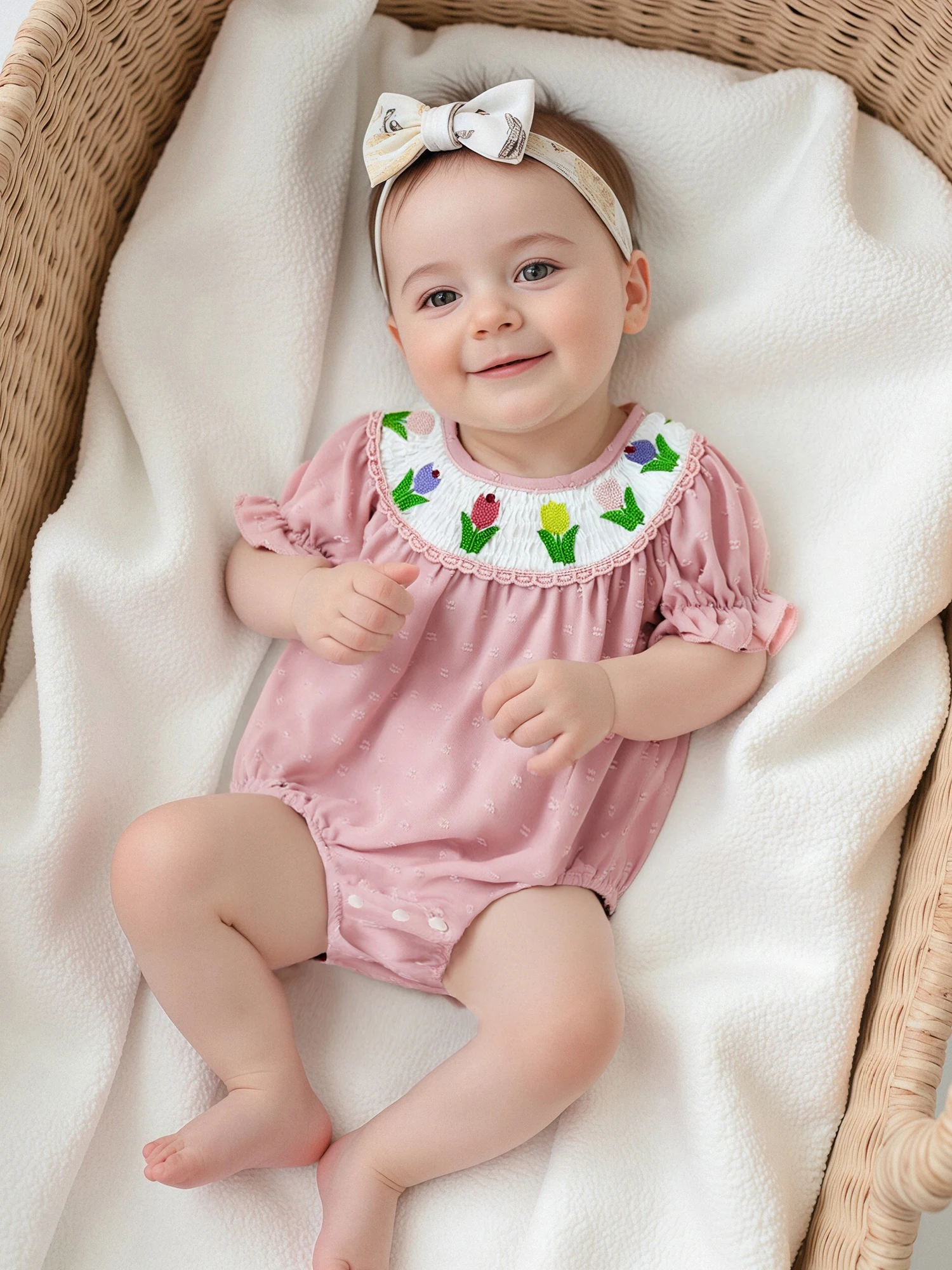 

Комбинезон для маленьких девочек, комбинезон с короткими рукавами и цветочной вышивкой, одежда для новорожденных, От 0 до 24 месяцев