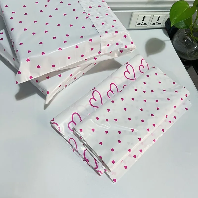 12Pcs White Heart Pattern Polyethylene Mailing Bags Waterproof Durable Shipping Envelopes 9.8*13.8 Inch Festive Colorful Gift Co