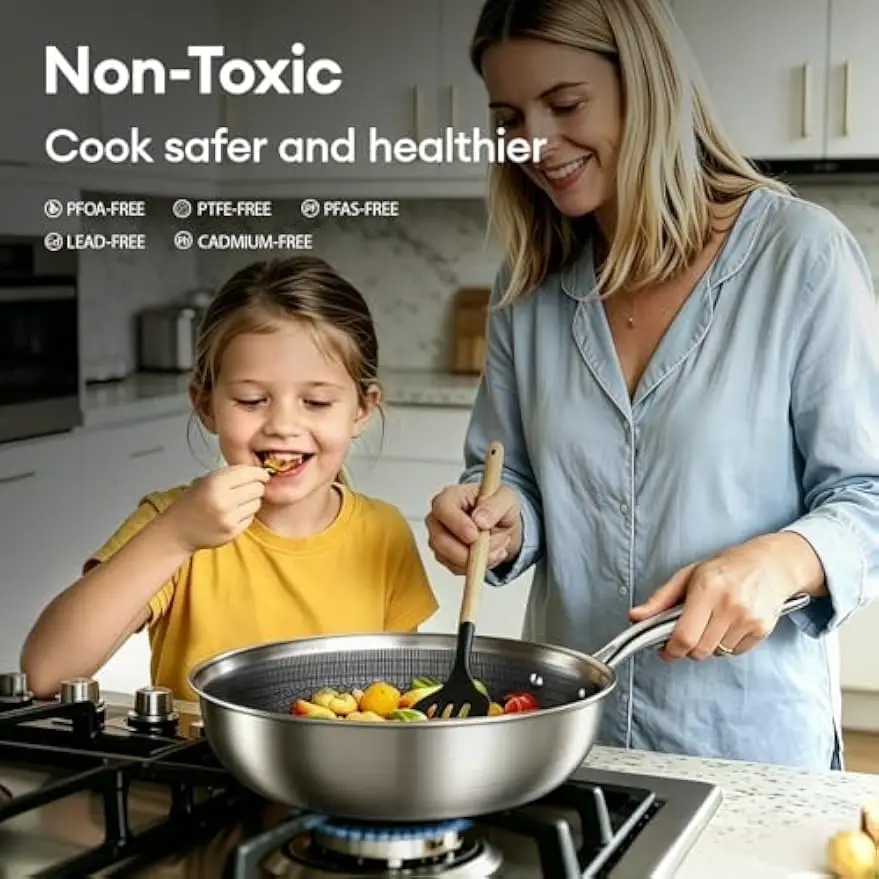 10Pcs Hybrid Nonstick Pots Pans Set Stainless Steel Cookware Non Toxic Pfoa Free Dishwasher Oven Safe All Cooktop Compatible Sta