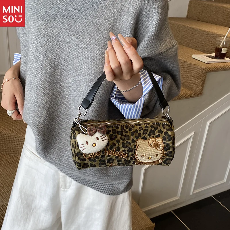 Miniso 2025 Fall Winter Hello Kitty Leopard Print Handbag, Cute Retro Crossbody Purse