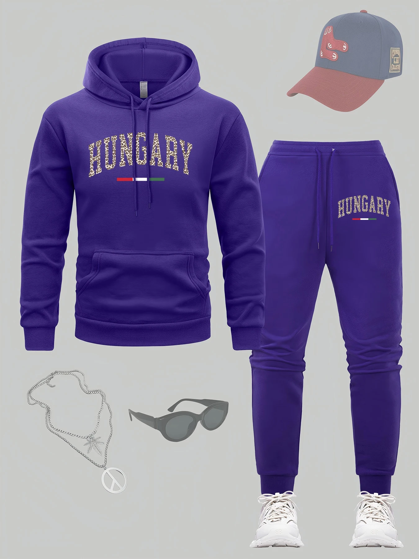 

Hungary Creative City Printing Men Hoodie Set Pocket Drawstring Jogging Pants Fleece Loose Pullover Casual Hip Hop 2Pc Sets