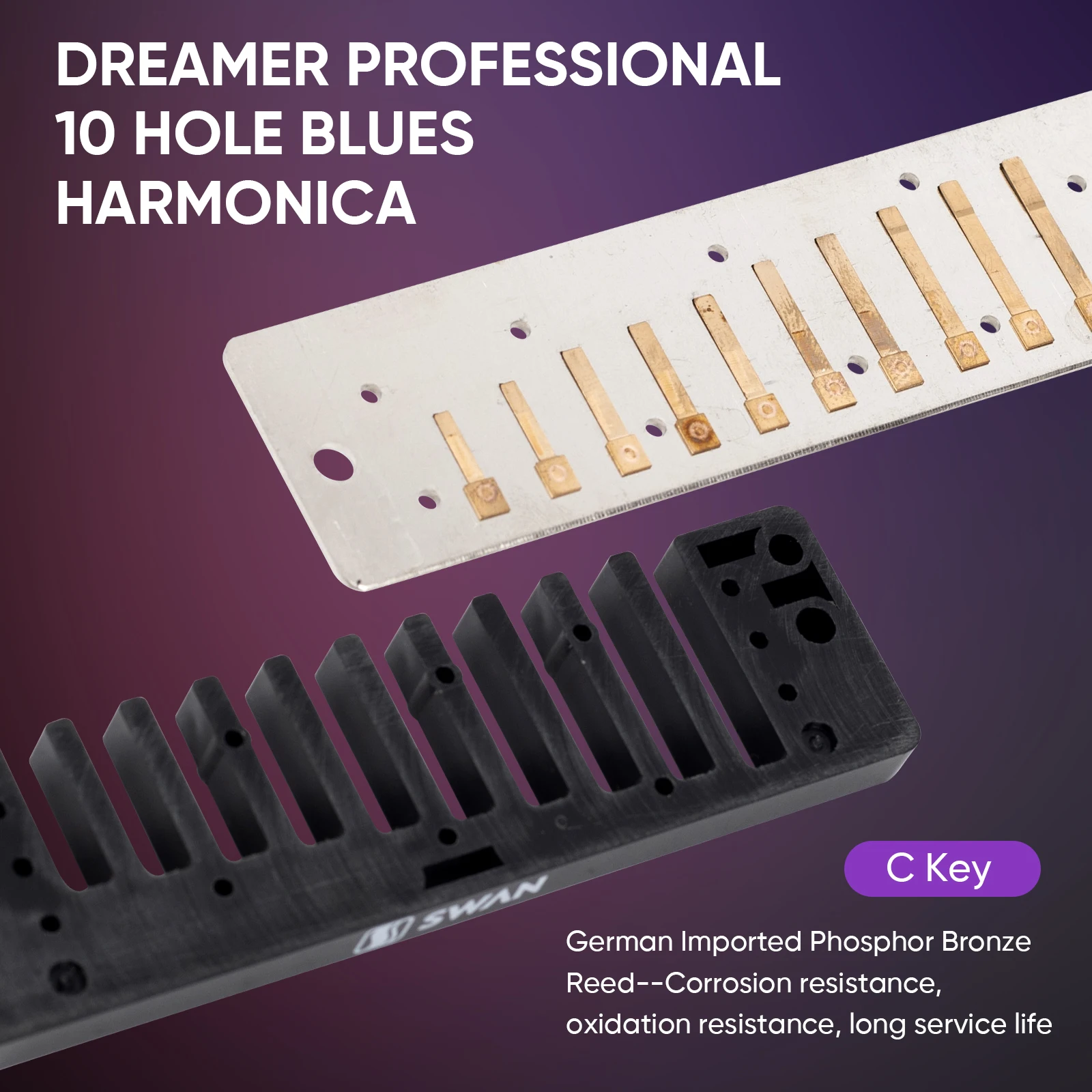 Dreamer 10 Hole Blues Harmonica Imported Phospher Bronze Reed,Pocket Diatonic Harmonica for Beginners Adults Professionals Gifts