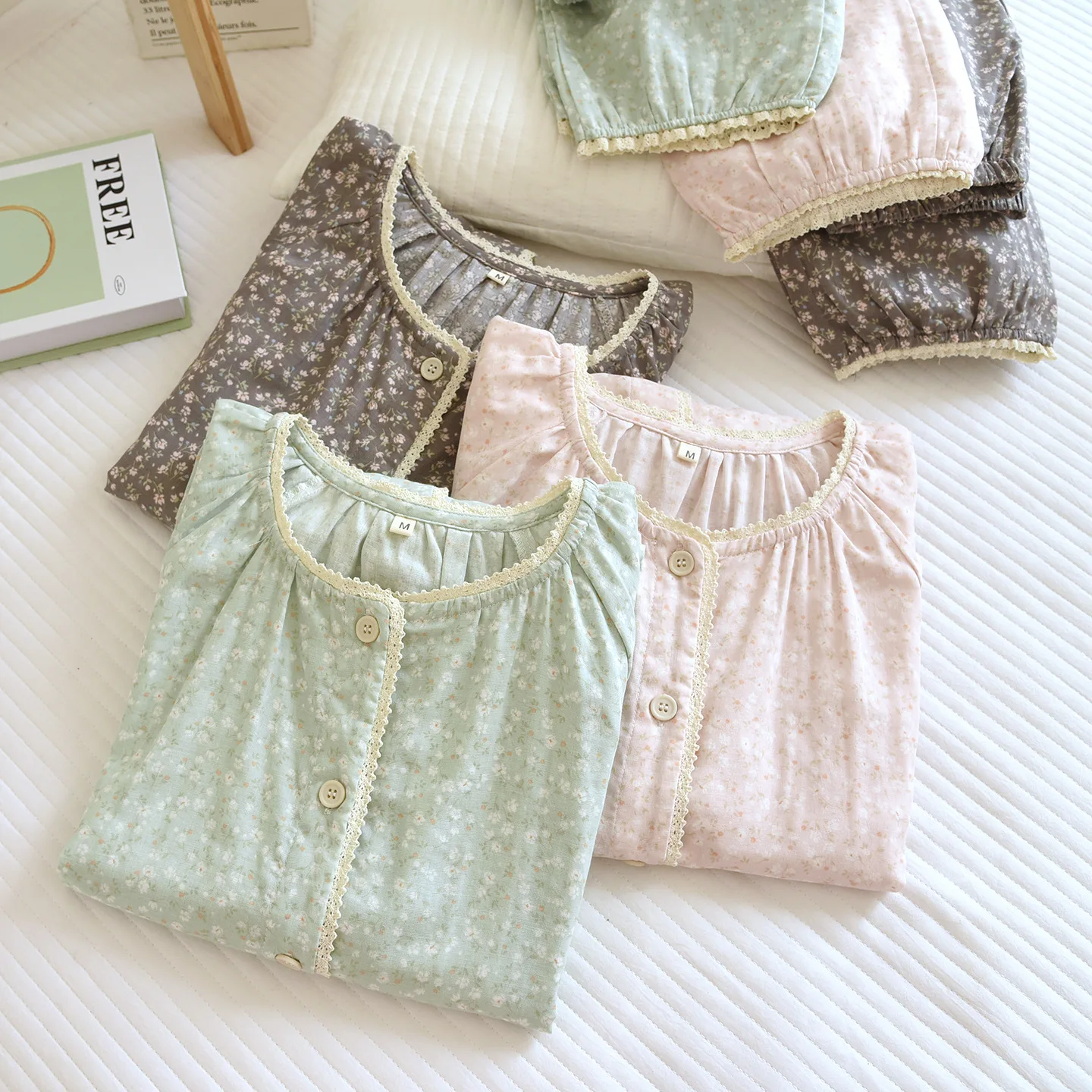 

Summer O-Neck Women's Pajama Set Long Sleeve Shirt Pants Two piece Set Print Cotton Thin Cardigan Home