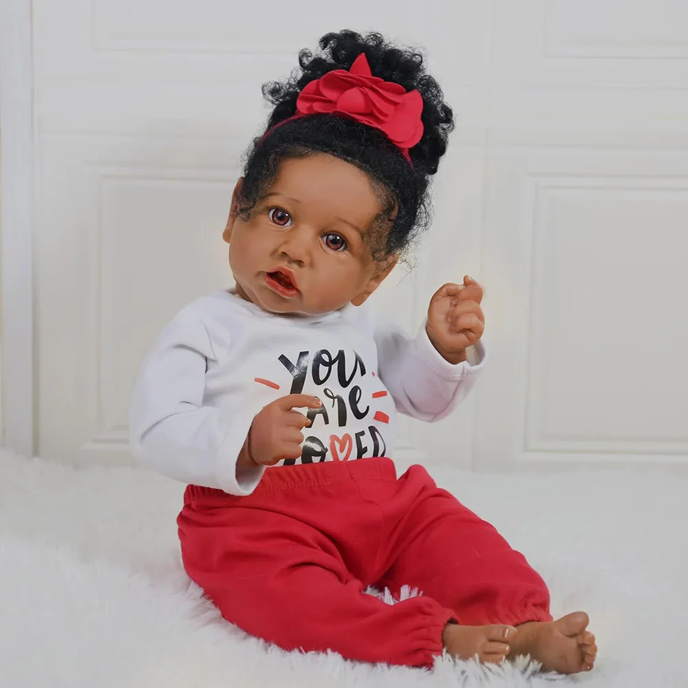 50 cm Babypuppe wie echtes Silikon, wiedergeborene Babys, afroamerikanisches Mädchen, Stoffkörper, verwurzeltes Haar, realistisch bemalt, Geschenk für Neugeborene