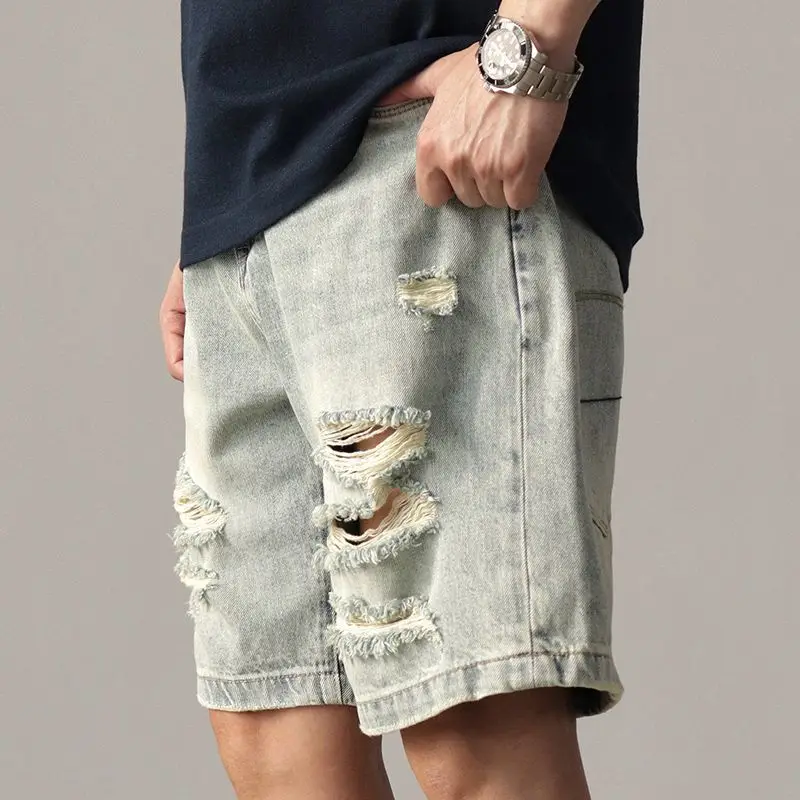 الأصلي صيف جديد الأزرق القط ويسكي التصحيح ضئيلة الدنيم السراويل الرجال العصرية الأزياء خمس نقاط السراويل ممزق هول رجل جينس قصير