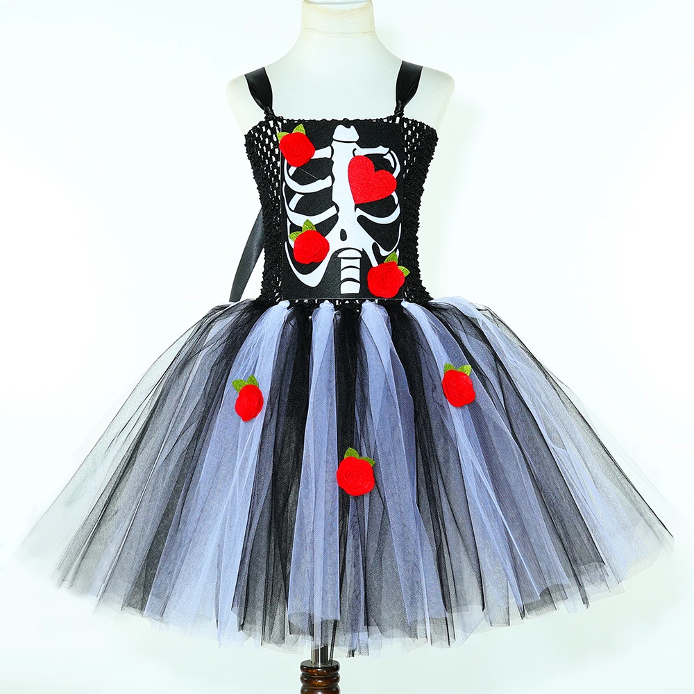 HJTT Girls Skeleton Halloween Costume Kids Scary Spooky Ghost Bride Tutu Dress for Girls Fancy Carnival Party Dress Up Clothes