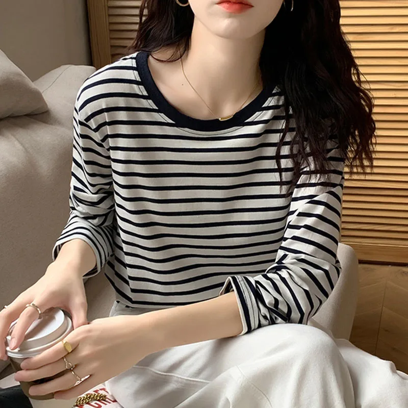 Économie décontractés à manches longues rayés noirs pour femmes, chemises à fond en coton, t-shirts féminins, vêtements chics, printemps
