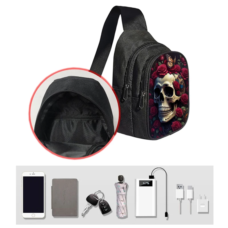 3D czaszka różany motyl nadruk torba na klatkę piersiowa kobiet torby Crossbody modna torebka na zewnątrz Harajuku Messenger Bag uchwyt na telefon