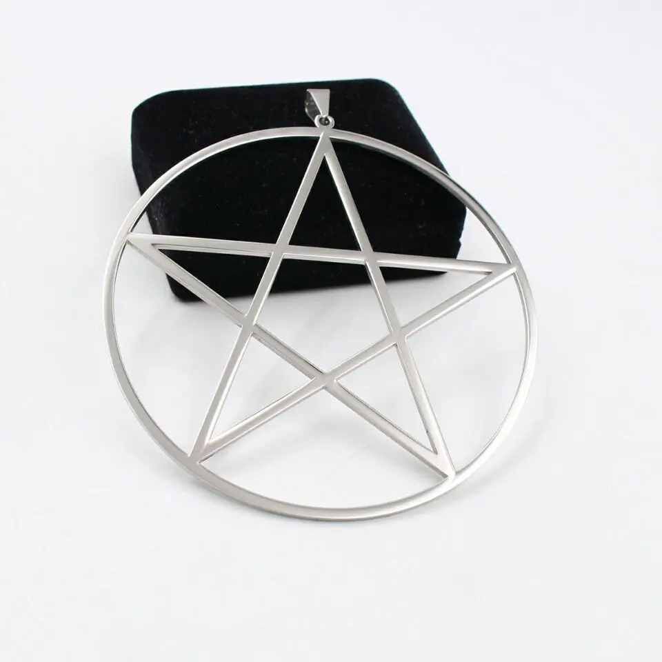 Big Large 4\'\' High Polished Pentagram Pentacle in Circle Stainless Steel Necklace with 4mm 32\'\' Chain Wiccan Pagan friends Gifts