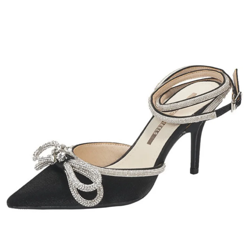 Baotou High Heel Pointed Sandals 2023 Spring New Fashion Transparent Rhinestone Bow Tie Fairy Style Fine Heel Single Shoes Girl