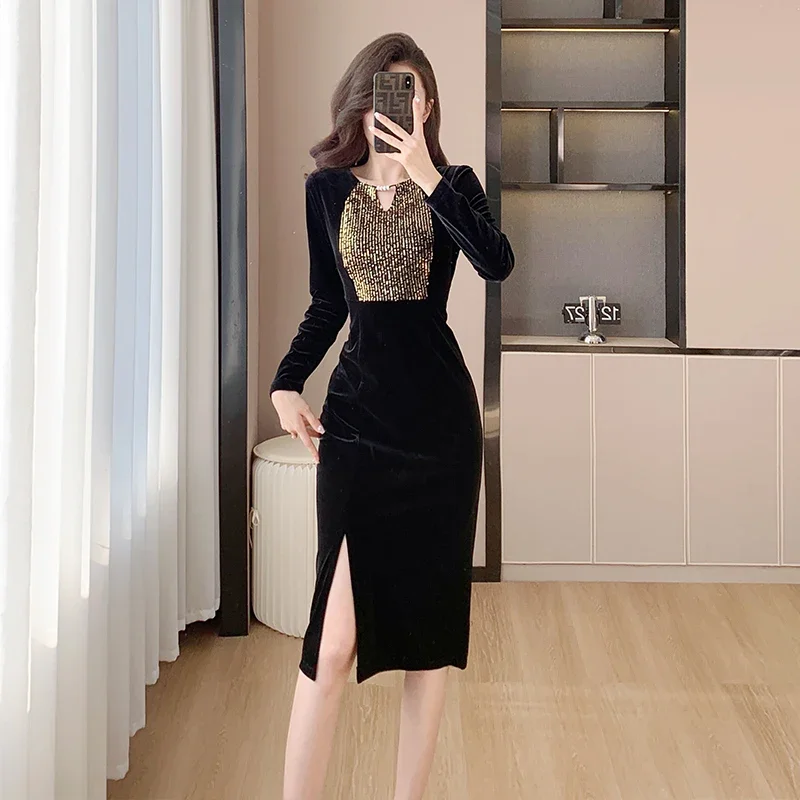 Elegant 2024 Autumn New Sequined Golden Black Velvet Slim Long Dress Formal Party Dress