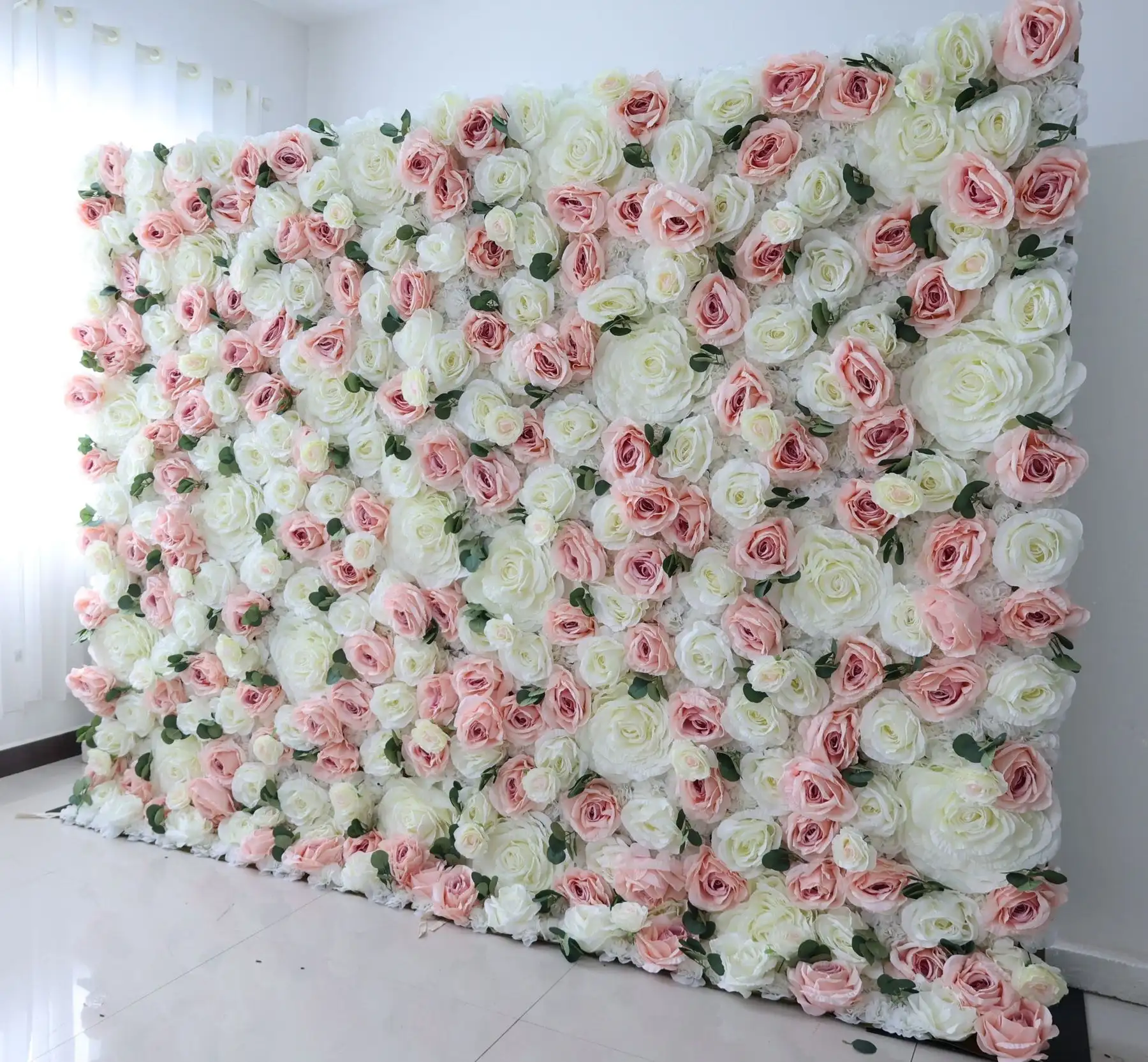 3D Wedding Series Luxury white pink rose green leaf cloth artificial plant flower wall Outdoor wedding background decorativ wall