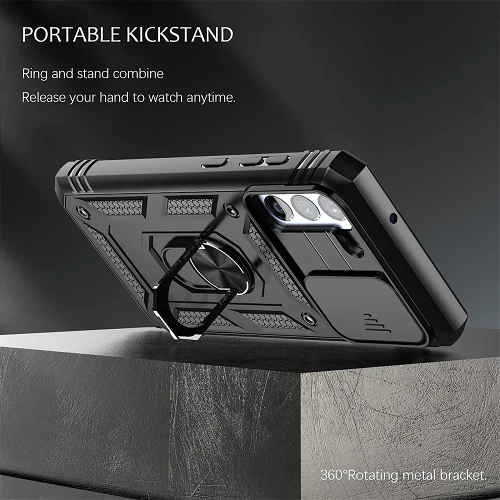 Kickstand Camera Slide Lens Capa Protetora Robusta, Capa para Samsung S23, S22, S21, FE, Nota 20 Ultra, A52, A32, A12, A32, 5G